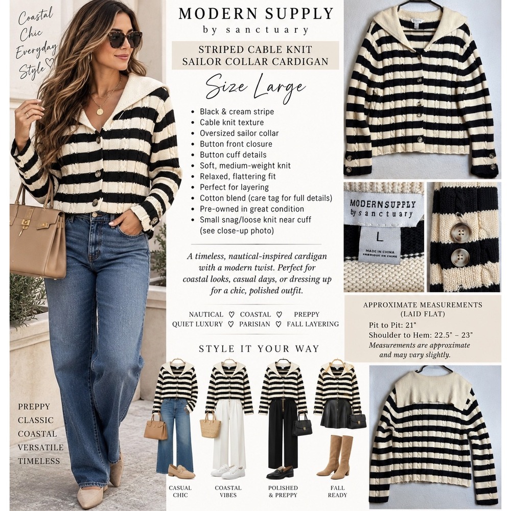 Modern Supply by Sanctuary Striped Cable Knit Sailor Collar Cardigan Black L